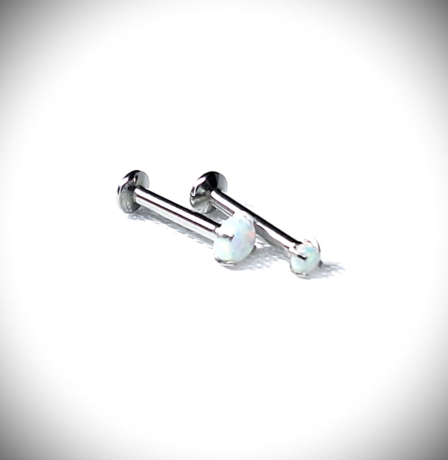 Push in Flat Backed stud with Prong Set WHITE 2mm or 3mm Opal stone. 5mm, 6mm, 7mm, 8mm, 9mm, 10mm, 11mm, 12mm, 20ga, 18ga, 16ga