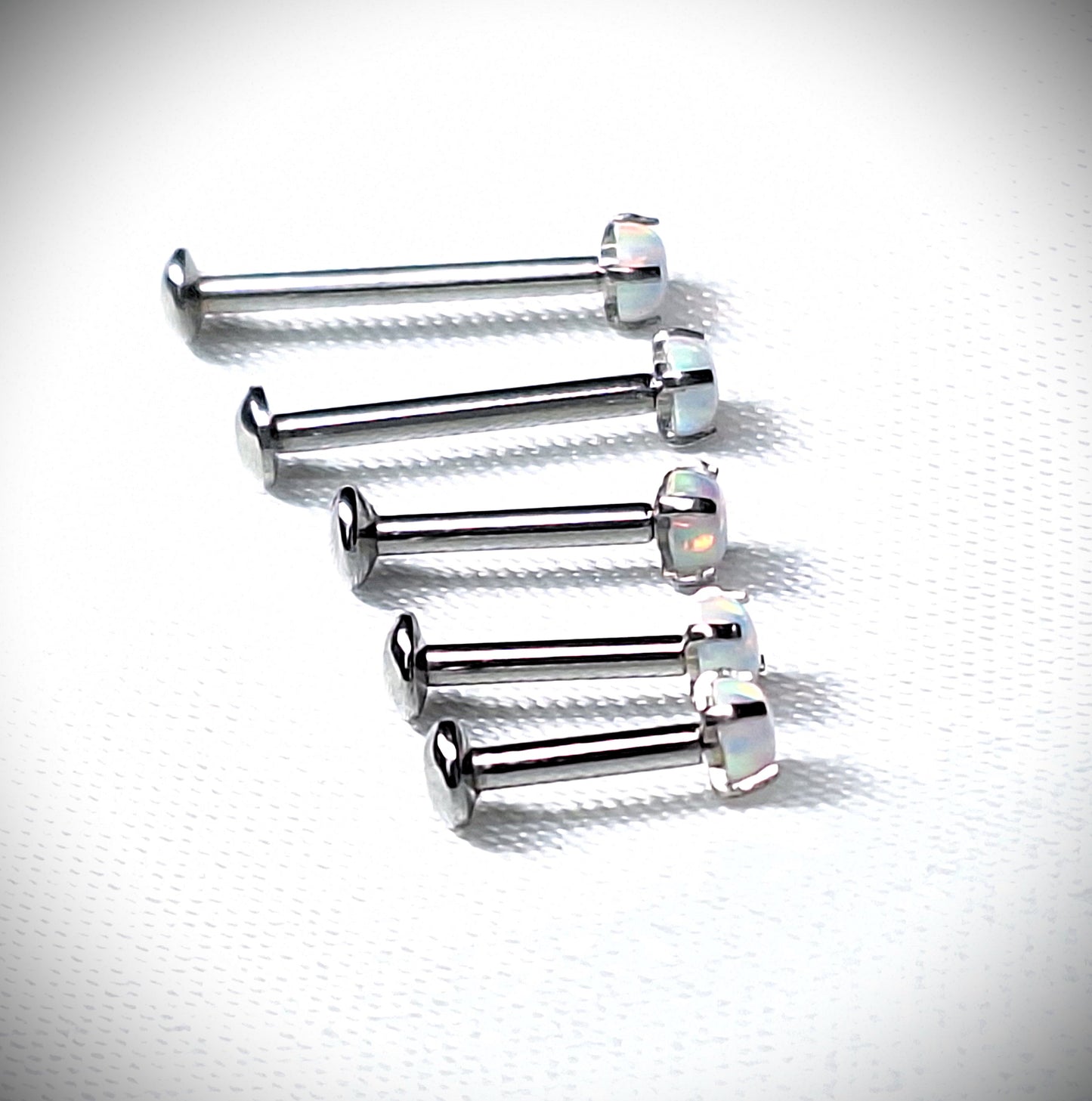 Push in Flat Backed stud with Prong Set WHITE 2mm or 3mm Opal stone. 5mm, 6mm, 7mm, 8mm, 9mm, 10mm, 11mm, 12mm, 20ga, 18ga, 16ga