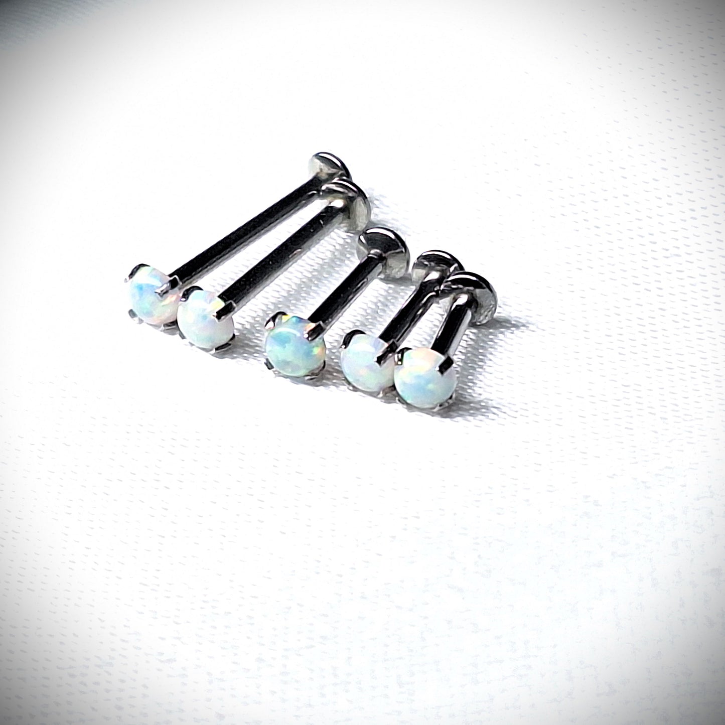 Push in Flat Backed stud with Prong Set WHITE 2mm or 3mm Opal stone. 5mm, 6mm, 7mm, 8mm, 9mm, 10mm, 11mm, 12mm, 20ga, 18ga, 16ga