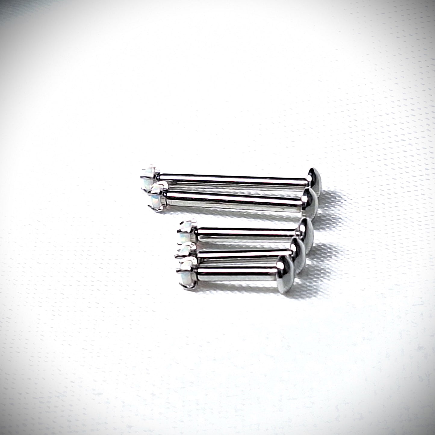 Push in Flat Backed stud with Prong Set WHITE 2mm or 3mm Opal stone. 5mm, 6mm, 7mm, 8mm, 9mm, 10mm, 11mm, 12mm, 20ga, 18ga, 16ga