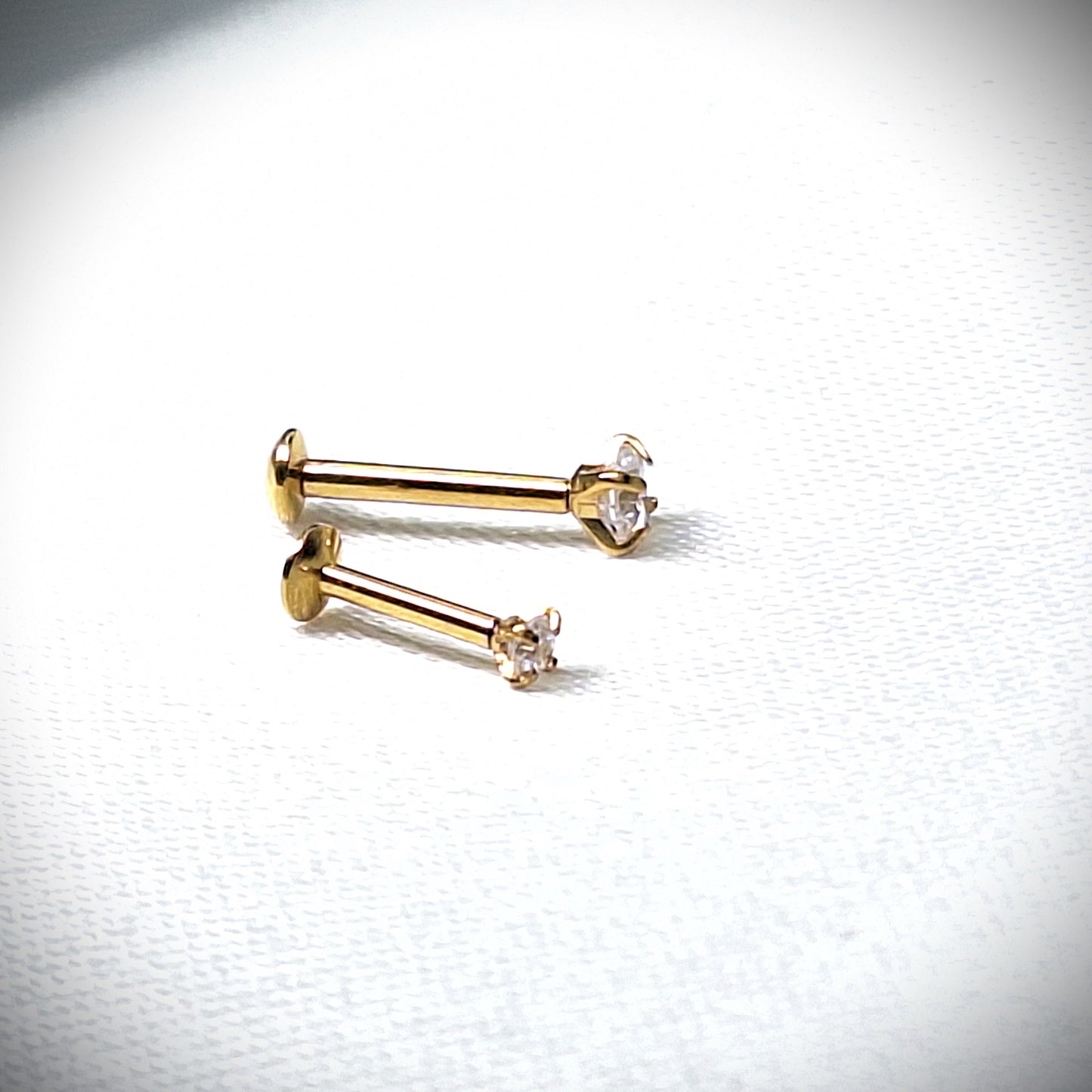 Push in Flat Backed stud with prong setting Round 2mm, 3mm, 4mm, CZ Crystal. Gold PVD, 316L Surgical Steel, 5mm, 6mm, 7mm, 8mm, 9mm, 10mm, 11mm, 12mm