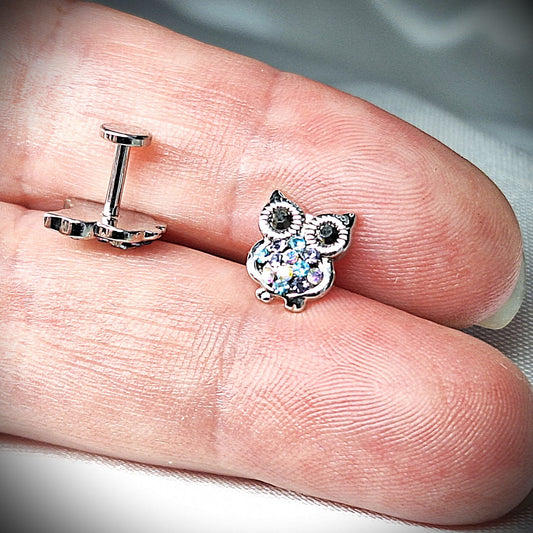 Flat backed Stud 16Gauge Owl with Crystals 6mm or 8mm, for tragus, helix.