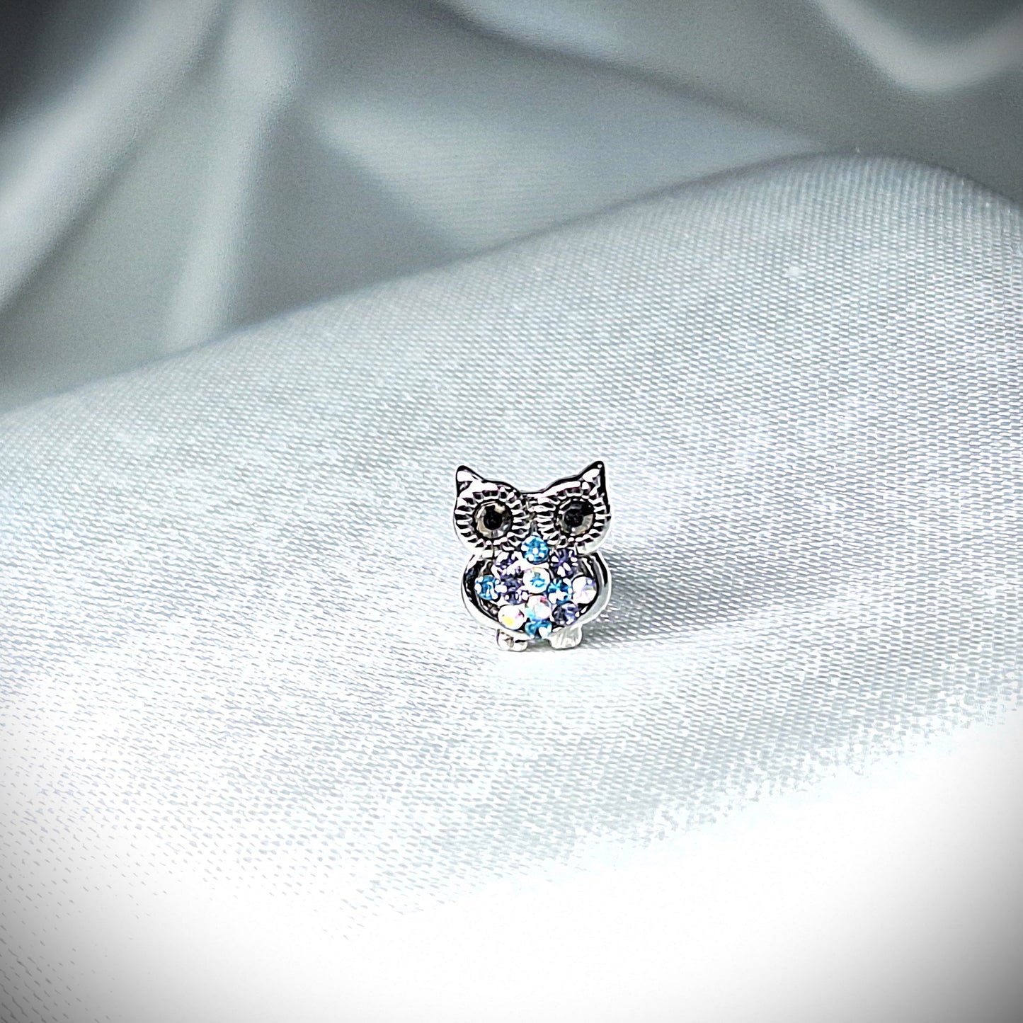 Flat backed Stud 16Gauge Owl with Crystals 6mm or 8mm, for tragus, helix.