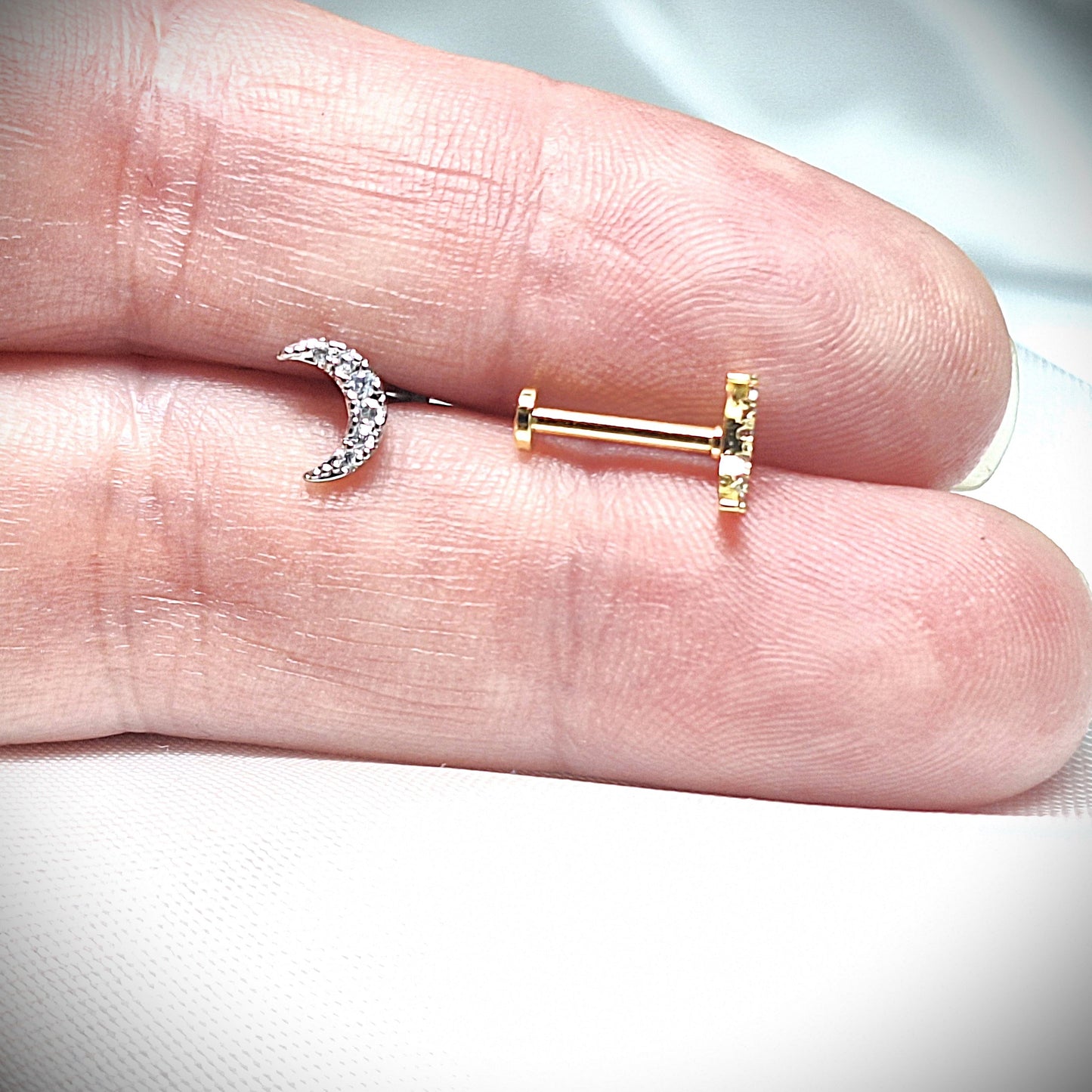 Flat backed Stud 16Gauge with Crescent Moon Crystal top 6mm, 8mm 14Kt Gold, Rose Gold and Rhodium