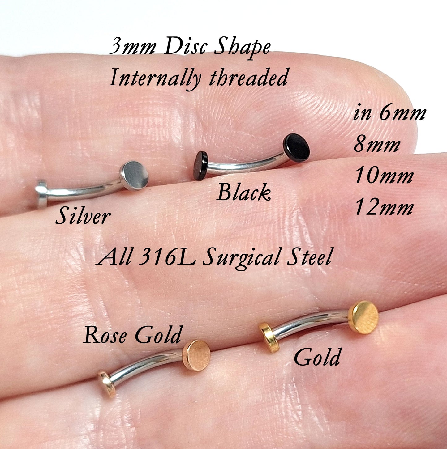 Curved bar with 3mm or 4mm FLAT ROUND Disc, Silver, Rose Gold, Gold, Black Ion plated, 16gauge, 6mm 8mm 10mm 12mm