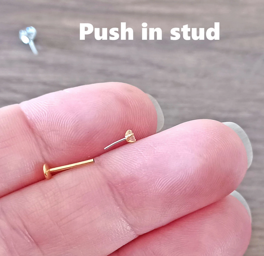 Push in Flat Backed stud with prong setting Round 2mm, 3mm, 4mm, CZ Crystal. Gold PVD, 316L Surgical Steel, 5mm, 6mm, 7mm, 8mm, 9mm, 10mm, 11mm, 12mm