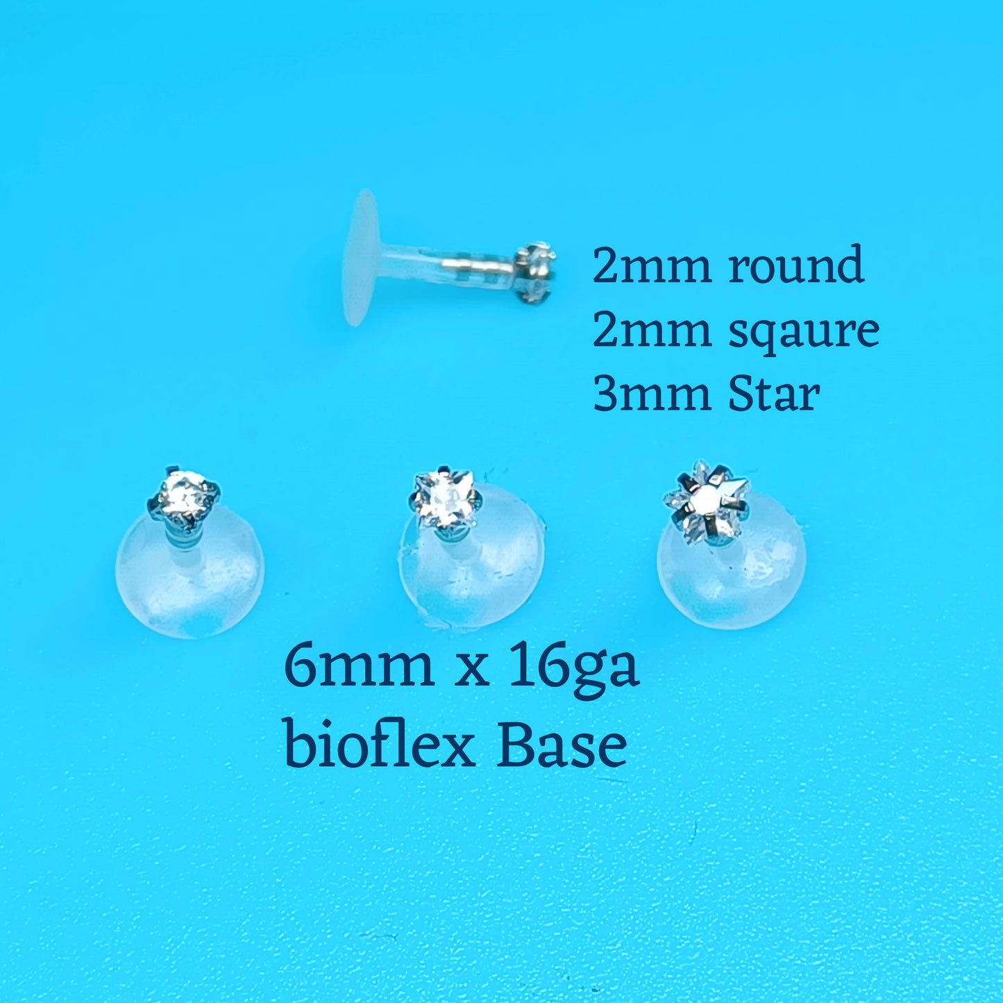 Square, Star, Round Star, Square, Round, Crystal, BIOFLEX Push in flat backed stud 14Gauge, 16Gauge, 6mm, 8mm, 10mm, 12mm, 14mm, 16mm