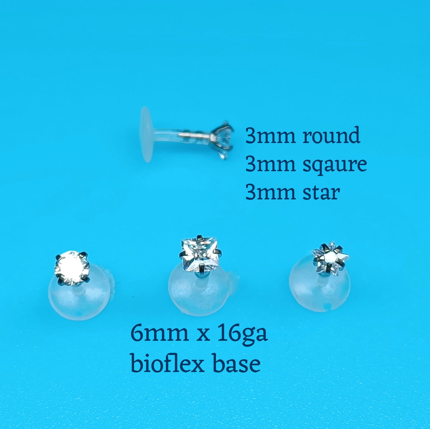 Square, Star, Round Star, Square, Round, Crystal, BIOFLEX Push in flat backed stud 14Gauge, 16Gauge, 6mm, 8mm, 10mm, 12mm, 14mm, 16mm