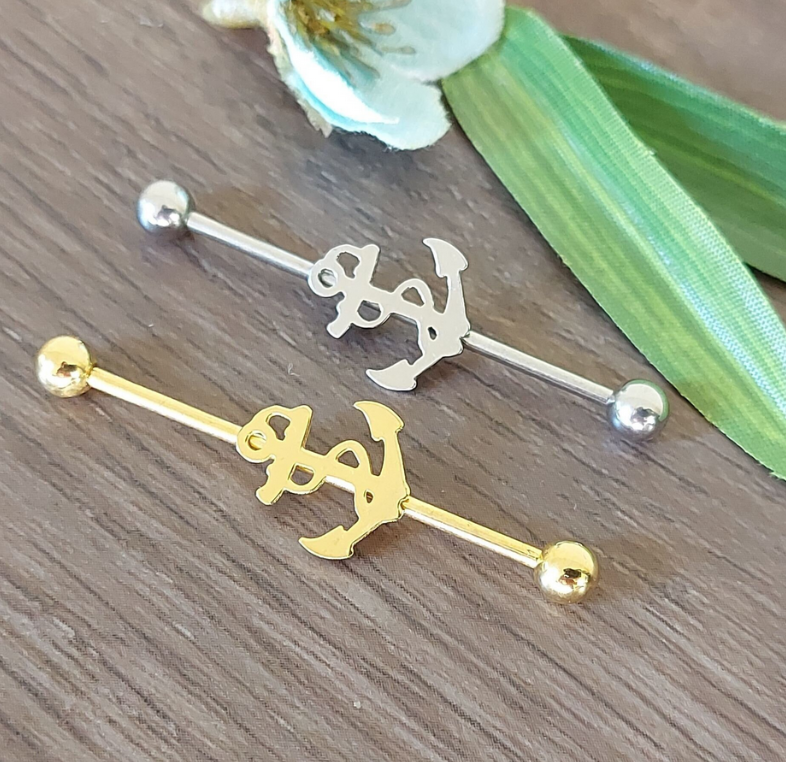 Anchor Industrial Piercing Bar – 38mm, 14 Gauge – 316L Surgical Steel Plate Gold PVD