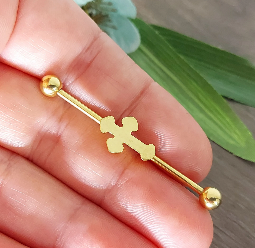 Ancient Cross Industrial Piercing Bar – 38mm, 14 Gauge – 316L Surgical Steel Plate Gold PVD