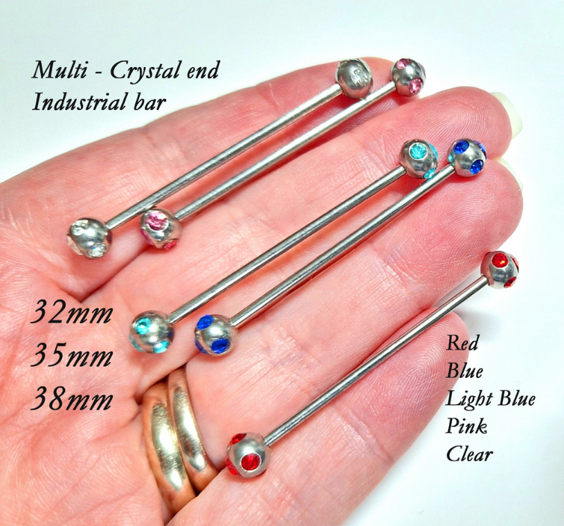 Industrial piercing bar with coloured cluster ends, CZ crystals - 14Gauge 32mm 35mm 38mm