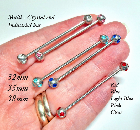 Industrial piercing bar with coloured cluster ends, CZ crystals - 14Gauge 32mm 35mm 38mm