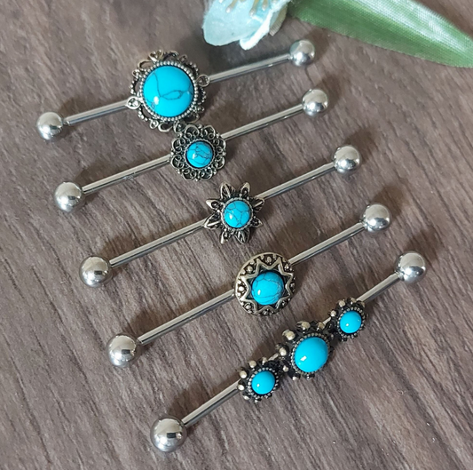 Industrial Piercing Semi precious stone Turquoise antique Gold look 316L Surgical Steel 32mm 35mm 38mm