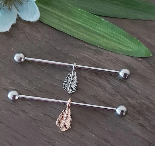 Dangly Leaf Industrial Piercing Bar – 38mm, 14 Gauge – 316L Surgical Steel, Rose gold