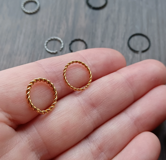 Gold Earring Hoop, (Pack of 2) twisted Hoops, Nipple piercing, Eyebrow, Septum, Lip ring in 8mm - 10mm, 20Ga 18ga 16ga 14ga, comfort ends 316L Surgical Steel