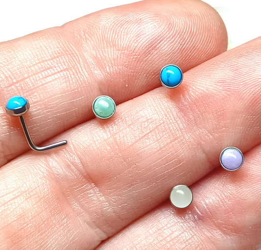 Nose jewellery, Nose stud, L shape, Semi precious, Turquoise, Jade, L Nose Stud, 3mm Round top, Nose Piercing, 20G 0.8mm, 6mm