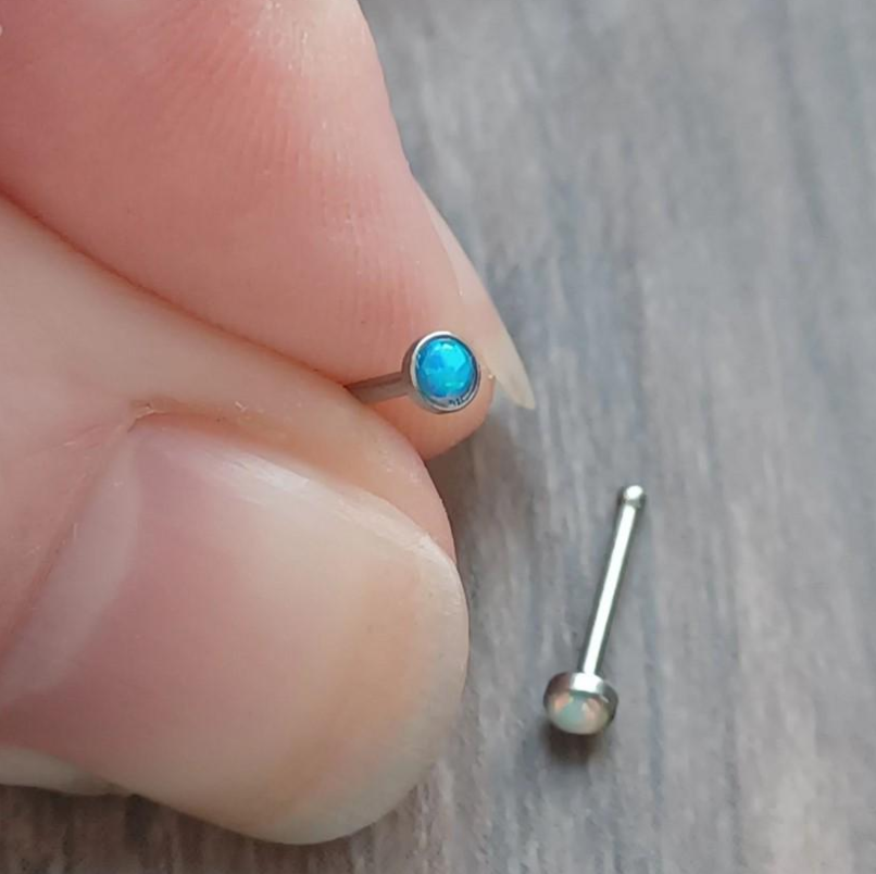 Super Tiny 2mm Opal Nose Bone Stud 20Ga, 6mm post, White, Green, Blue, 316L Surgical Steel Ion Plating