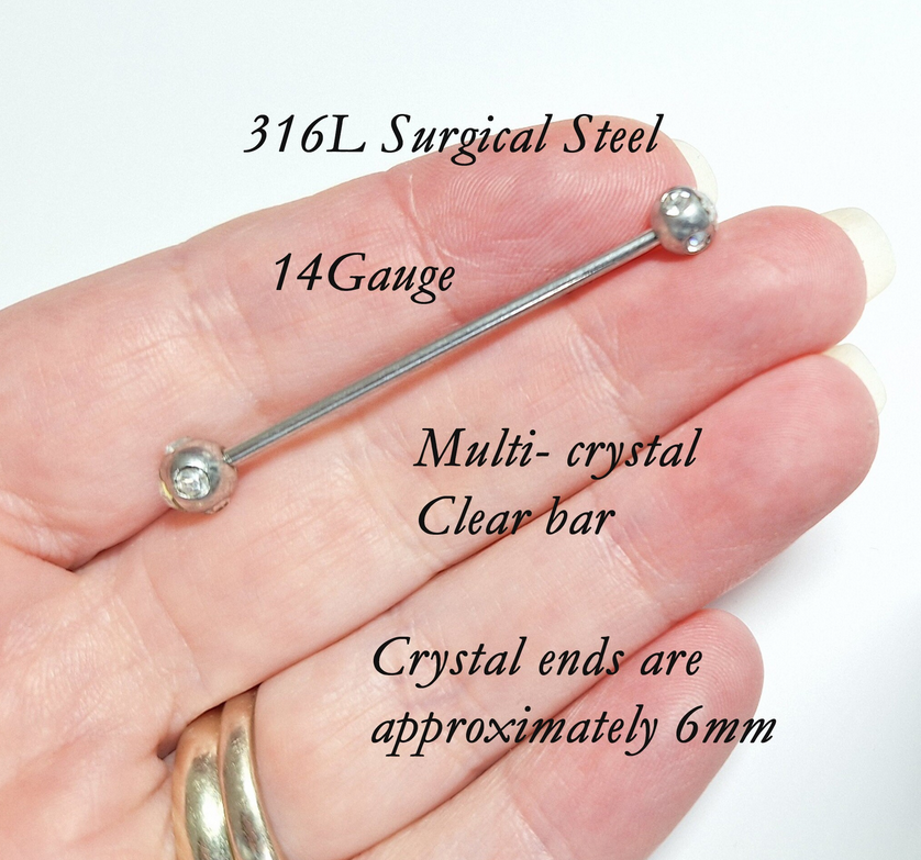 Industrial piercing bar with coloured cluster ends, CZ crystals - 14Gauge 32mm 35mm 38mm