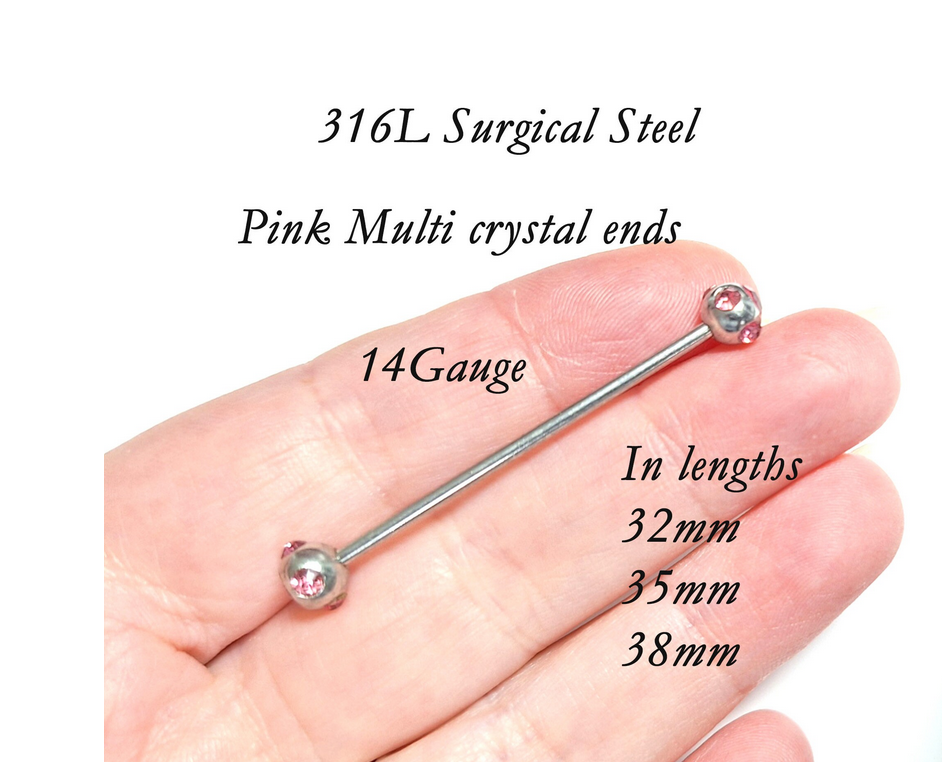 Industrial piercing bar with coloured cluster ends, CZ crystals - 14Gauge 32mm 35mm 38mm