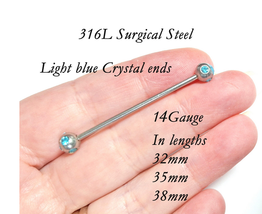 Industrial piercing bar with coloured cluster ends, CZ crystals - 14Gauge 32mm 35mm 38mm