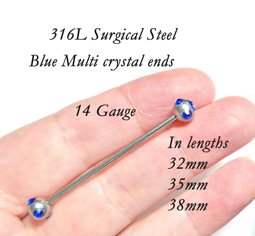 Industrial piercing bar with coloured cluster ends, CZ crystals - 14Gauge 32mm 35mm 38mm