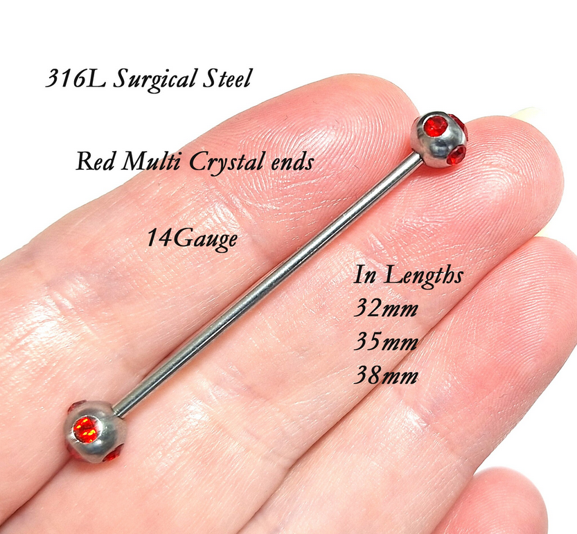 Industrial piercing bar with coloured cluster ends, CZ crystals - 14Gauge 32mm 35mm 38mm