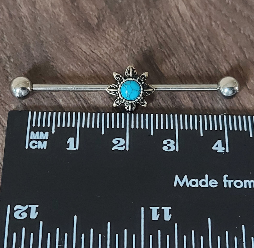 Industrial Piercing Semi precious stone Turquoise antique Gold look 316L Surgical Steel 32mm 35mm 38mm