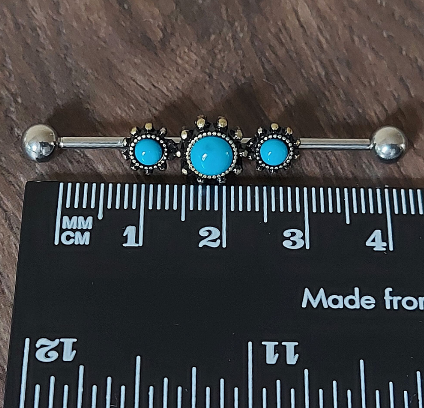 Industrial Piercing Semi precious stone Turquoise antique Gold look 316L Surgical Steel 32mm 35mm 38mm