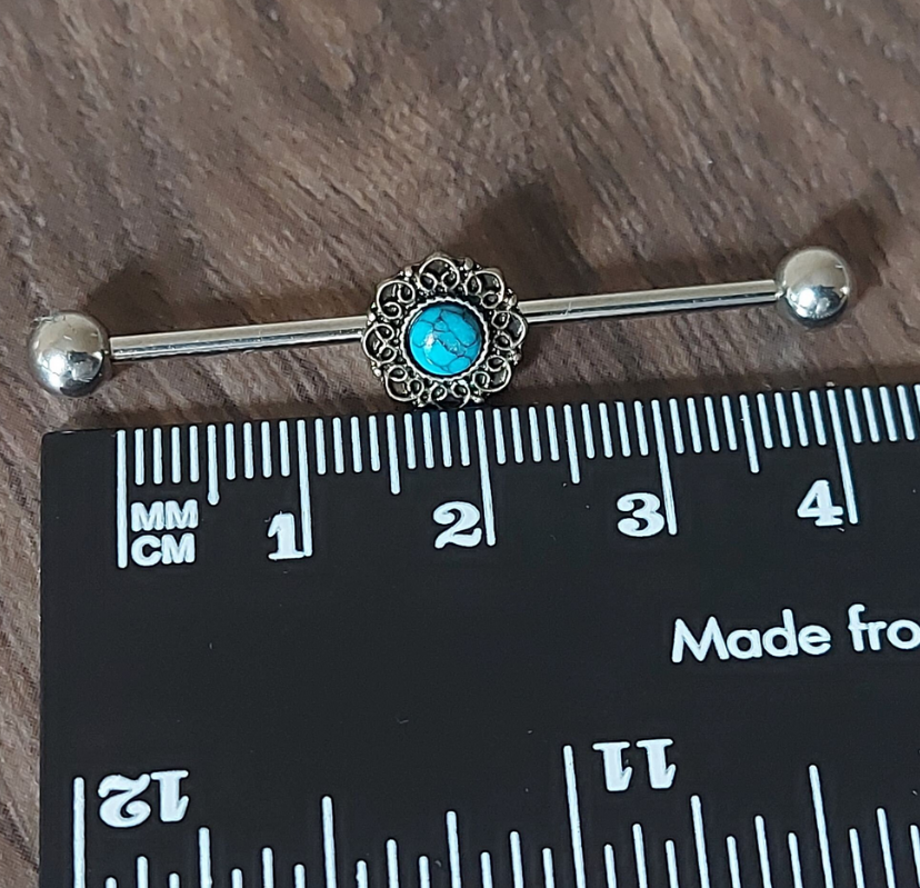 Industrial Piercing Semi precious stone Turquoise antique Gold look 316L Surgical Steel 32mm 35mm 38mm