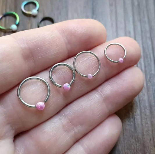 Pink Opal Earring Hoop, Bendable hoop, Nose ring, Eyebrow, in 8mm, 10mm, 20Ga, 16Ga 316L Surgical Steel