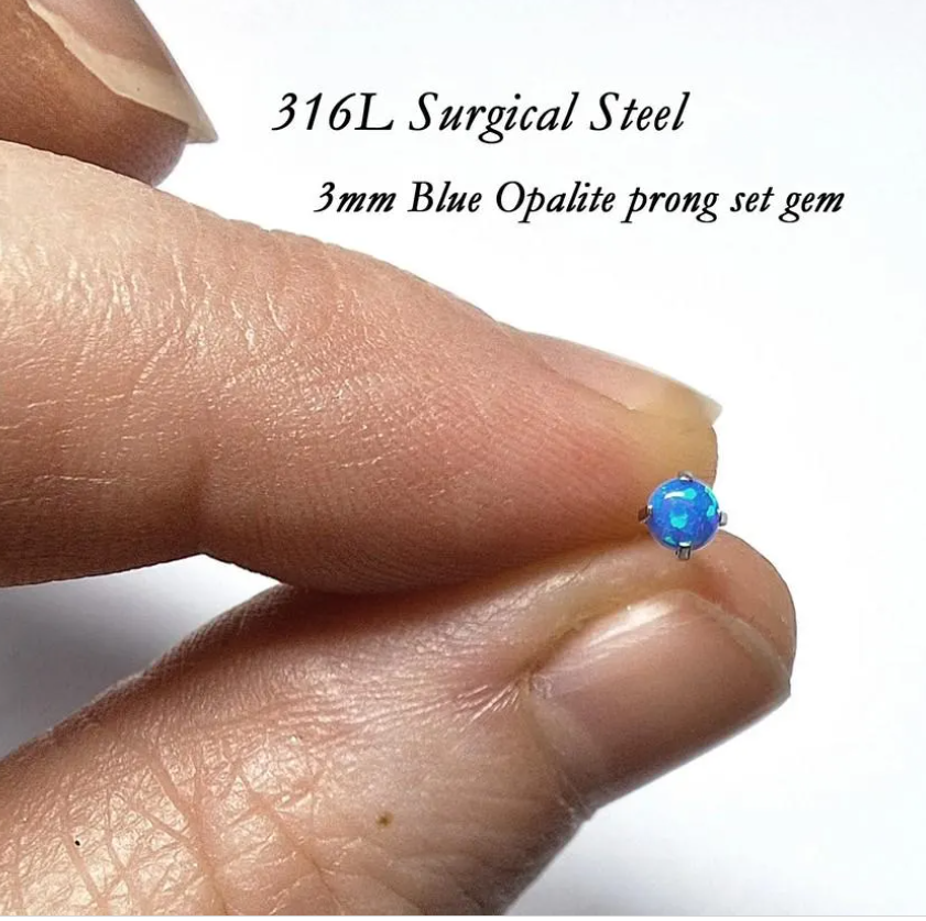 2mm or 3mm Prong set Opal L Shaped Nose Stud 20Ga, White, Pink, Blue, 316L Surgical Steel