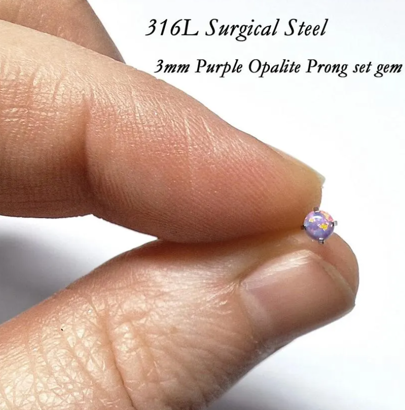 2mm or 3mm Prong set Opal L Shaped Nose Stud 20Ga, White, Pink, Blue, 316L Surgical Steel