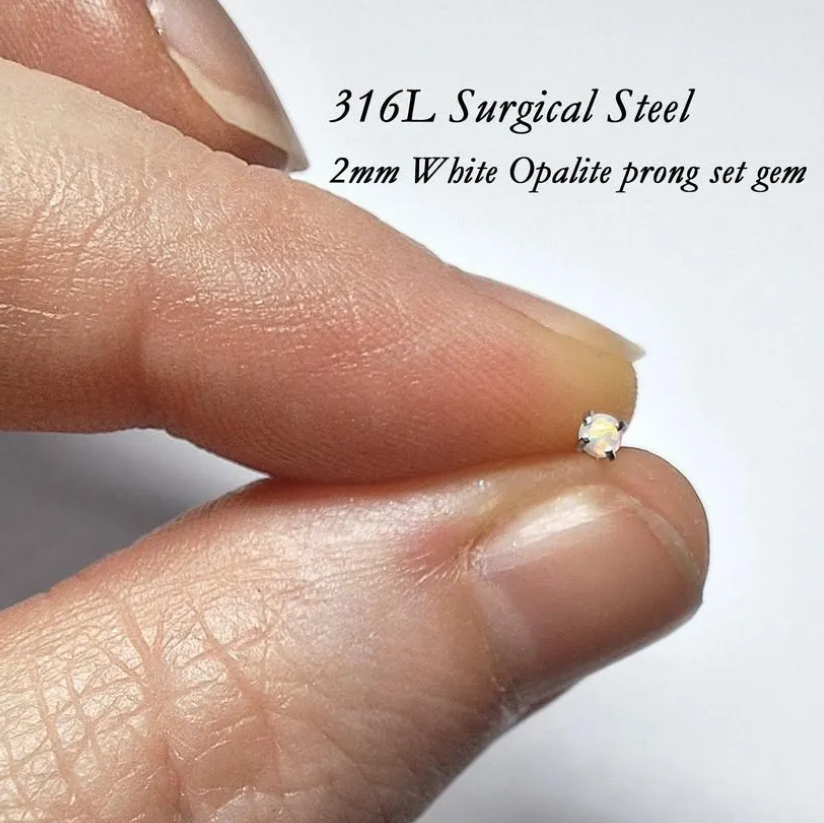 2mm or 3mm Prong set Opal L Shaped Nose Stud 20Ga, White, Pink, Blue, 316L Surgical Steel