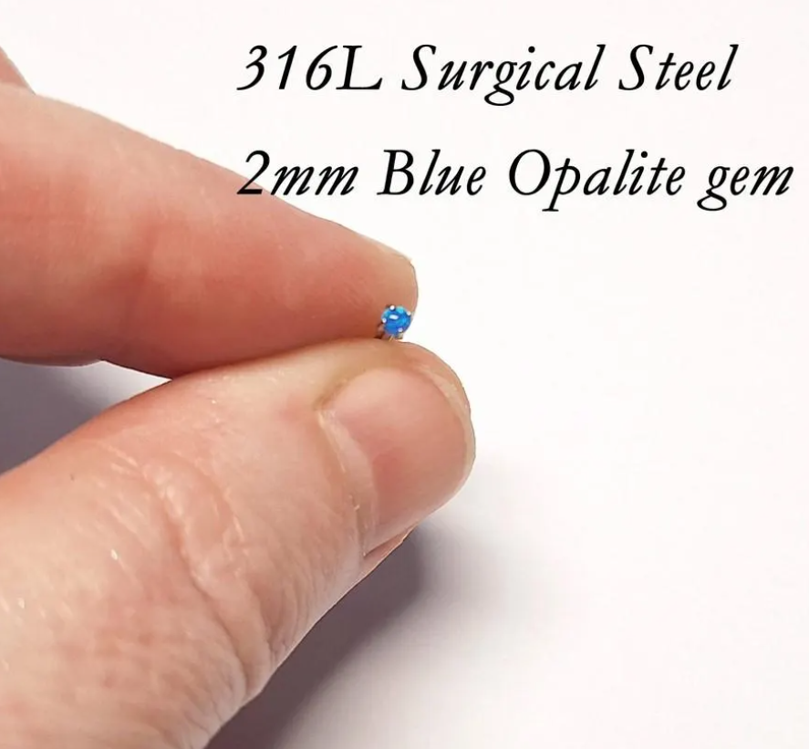 2mm or 3mm Prong set Opal L Shaped Nose Stud 20Ga, White, Pink, Blue, 316L Surgical Steel