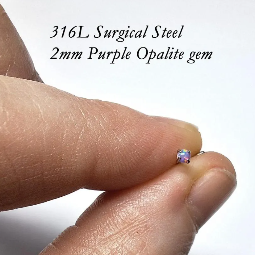 2mm or 3mm Prong set Opal L Shaped Nose Stud 20Ga, White, Pink, Blue, 316L Surgical Steel