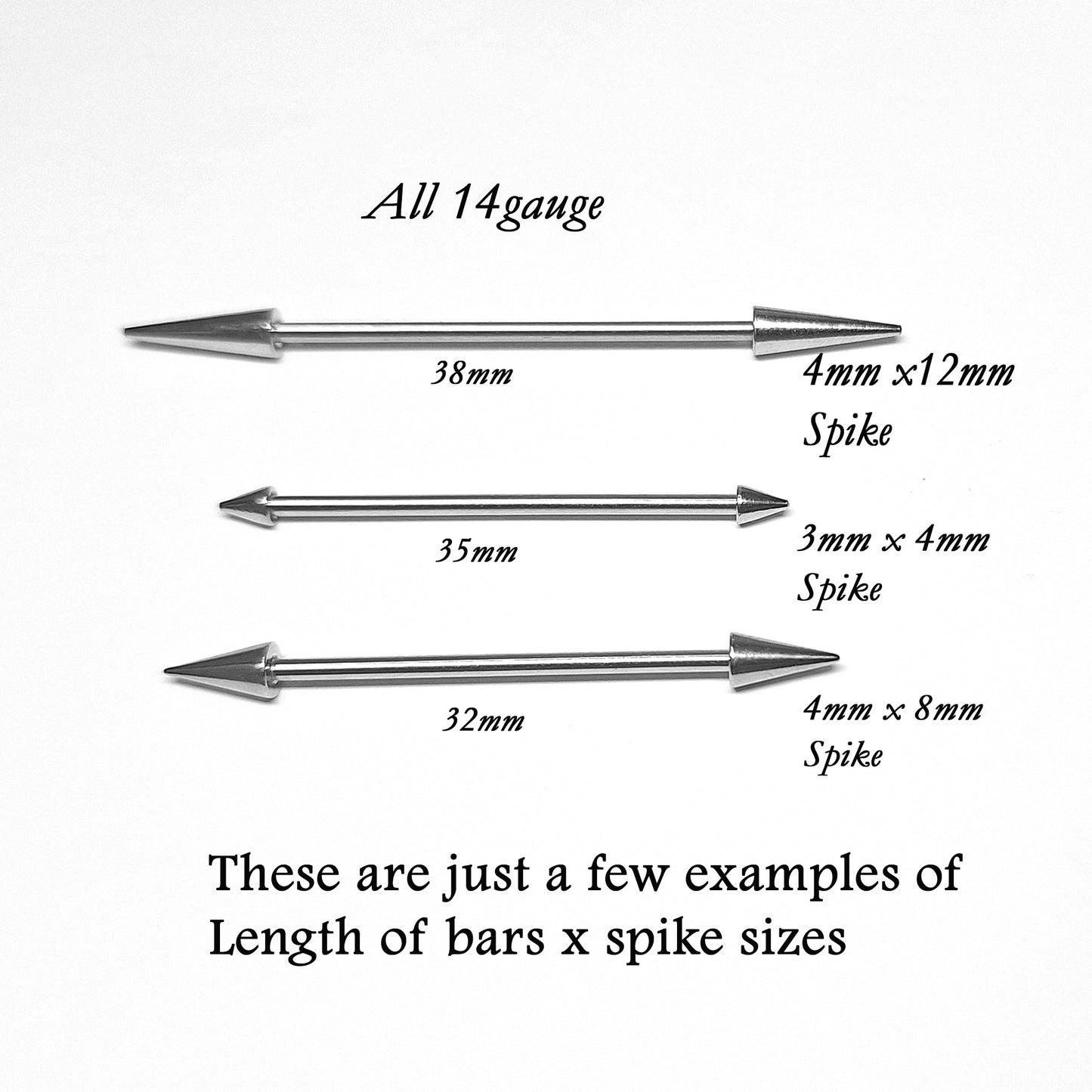 Spike shaped Industrial Piercing Bar – 32mm 35mm 38mm, 14 Gauge – 316L Surgical Steel