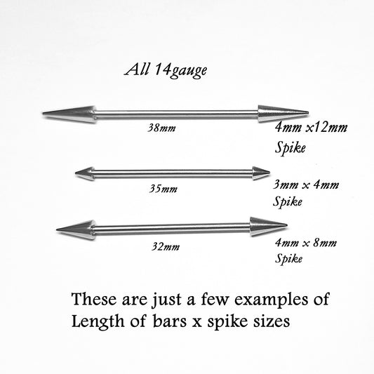 Spike shaped Industrial Piercing Bar – 32mm 35mm 38mm, 14 Gauge – 316L Surgical Steel