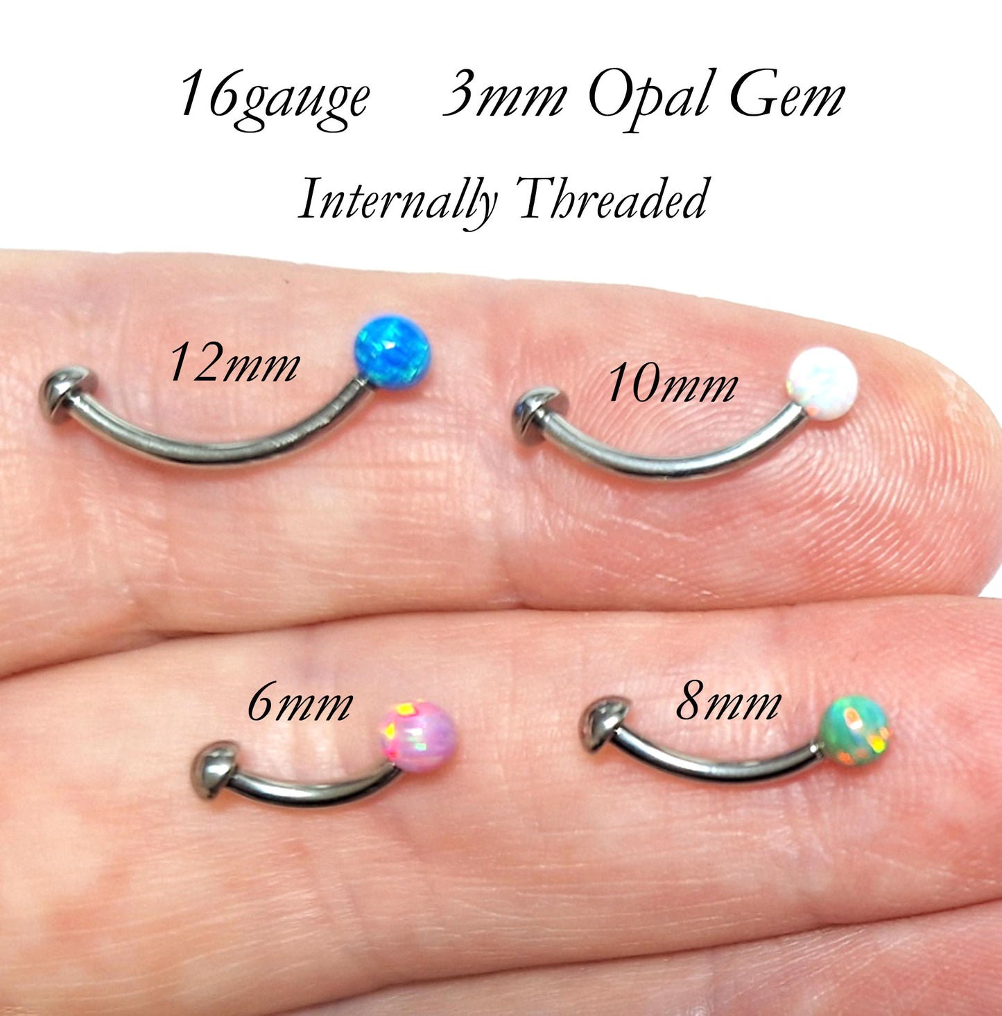 3mm Opal Ball Pink, White, Green, or Blue, - Curved bar - 16gauge