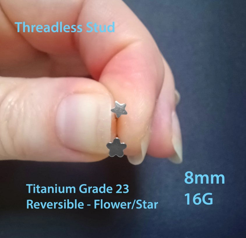 8mm Grade 23 Titanium Flat backed Stud (Reversible) Star, Moon, Heart, Flower