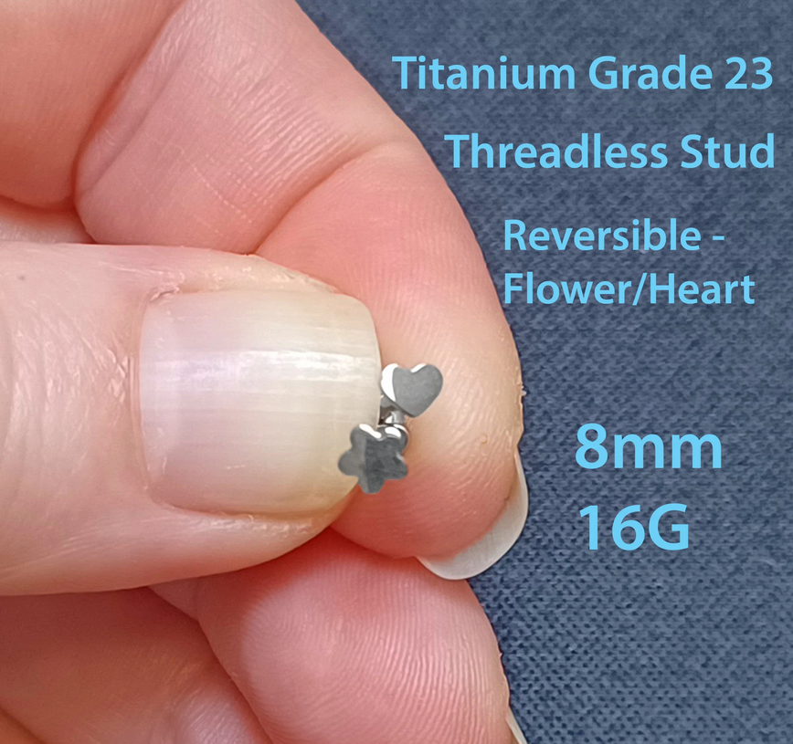 8mm Grade 23 Titanium Flat backed Stud (Reversible) Star, Moon, Heart, Flower