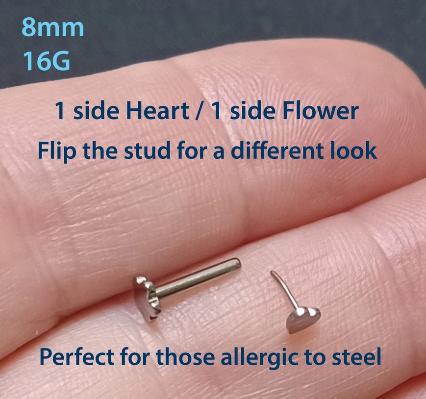 8mm Grade 23 Titanium Flat backed Stud (Reversible) Star, Moon, Heart, Flower