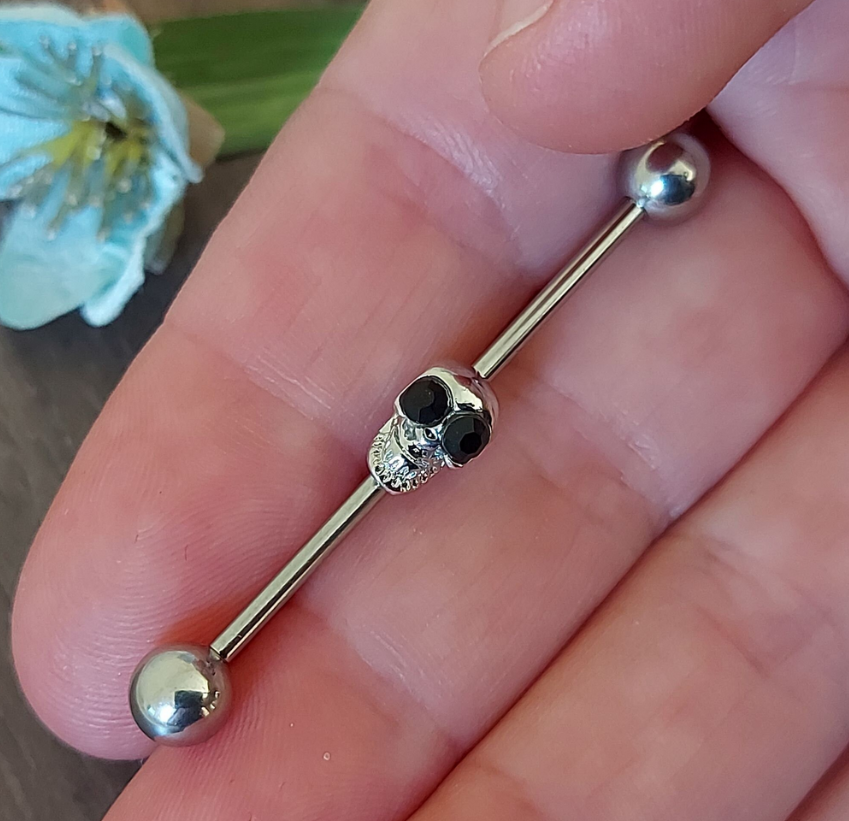 Industrial piercing bar Skull with Red, Black or Clear crystal eyes - 14Gauge 38mm