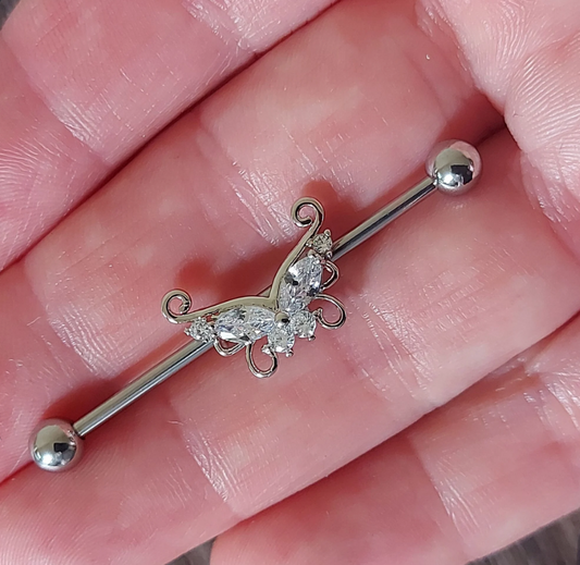 industrial piercing bar with crystal removable butterfly - Clear