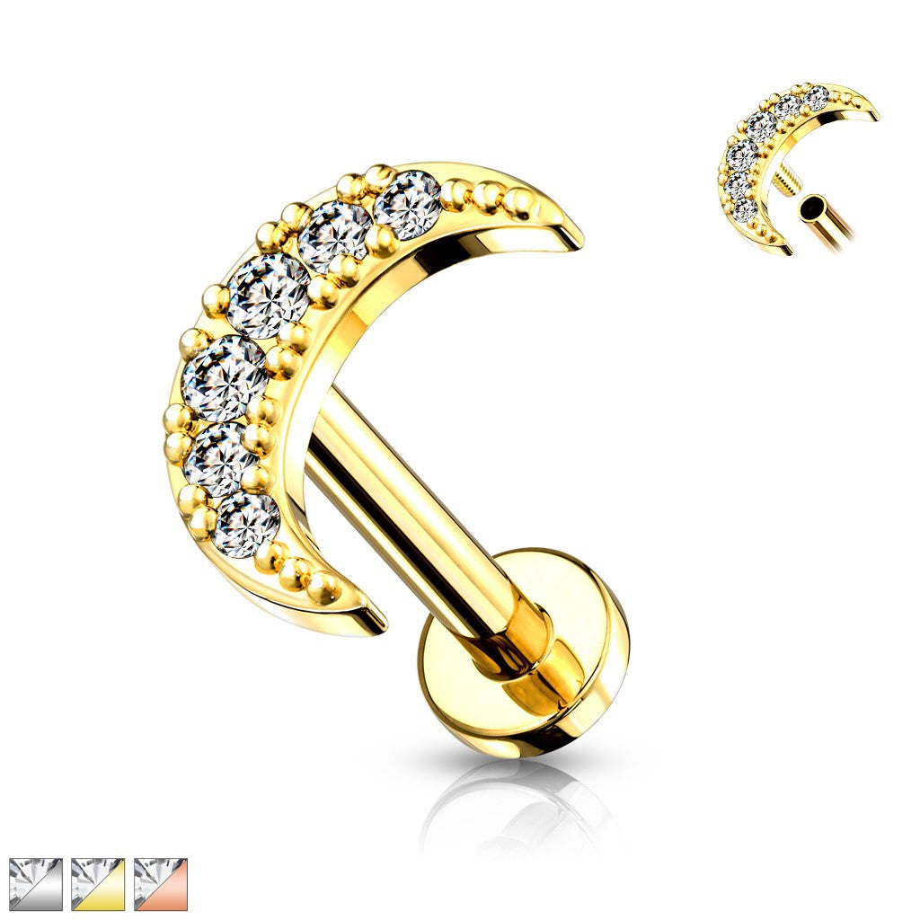 Flat backed Stud 16Gauge with Crescent Moon Crystal top 6mm, 8mm 14Kt Gold, Rose Gold and Rhodium