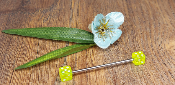 Industrial piercing bar with Yellow Dice 38mm 35mm 32mm 14Gauge