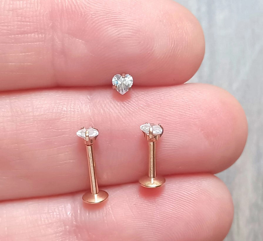 3mm Heart Crystal flat backed Labret stud 16Ga - In PVD Rose Gold, Gold, 316L Surgical Steel