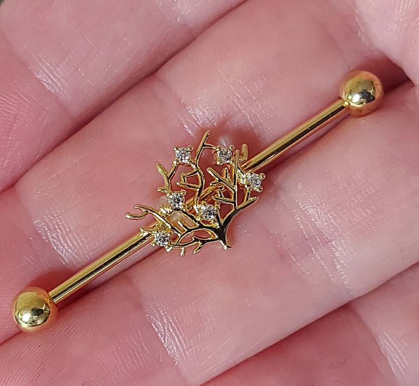 Industrial piercing bar with Tree with small shaped crystals 14ct Gold Plating