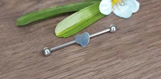 Industrial Piercing Flat smooth Heart 316L Surgical Steel Barbell - 38mm