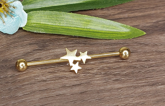 Industrial Piercing Flat Smooth PVD Gold Stars 316L Surgical Steel Barbell - 38mm