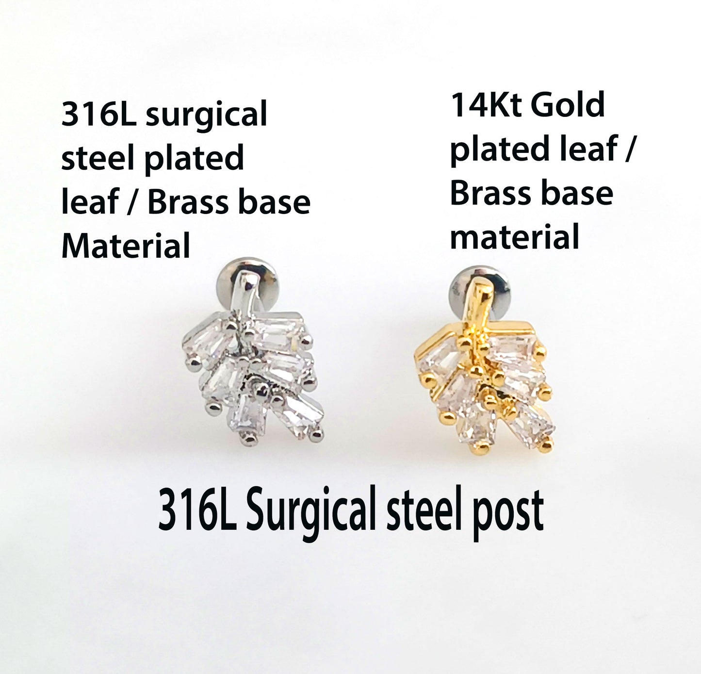 Gold Or Silver Push Leaf flat backed stud Push in